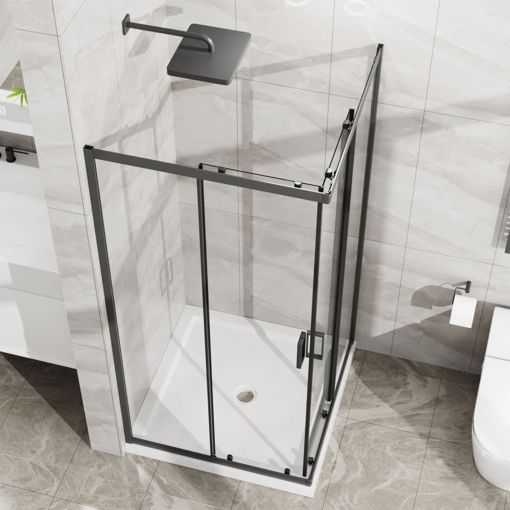 

Goodyo Corner Shower Stall 36x36x72 Slide Door White Base 1/4in ClrTemp Glass Matte Black