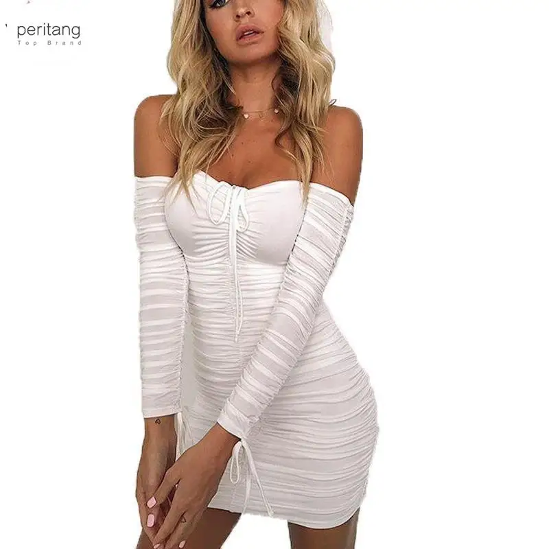 

Spring Summer Fashion Solid Party Sexy Slim Dresses Women Elegant Long Sleeve Ruched Club Dress Mini Tight Strapless Female