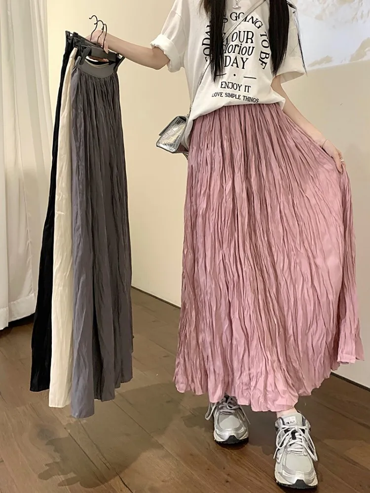 4 colors 2023 Summer Female long Skirts Women High Elastic Waist long pleated Skirt solid color a line skirt womens (L7112)