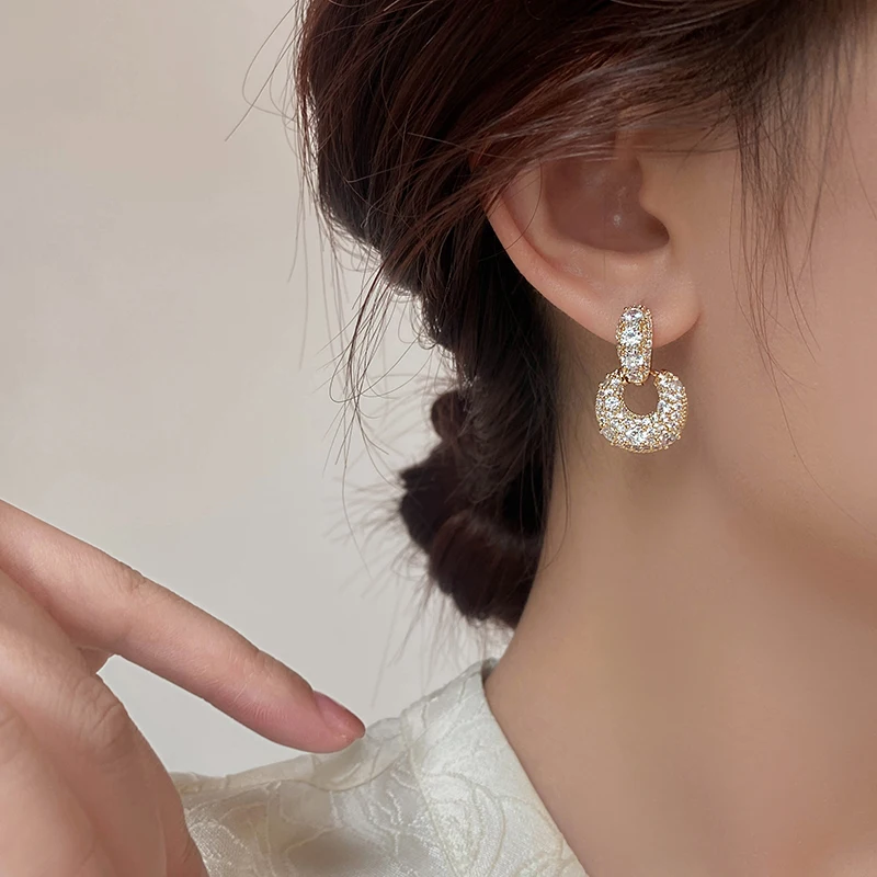 2023 14K Gold Plated Korean New Design Fashion Jewelry Full Zircon Square Pendant Earrings Luxury Women\'s Party Accessories