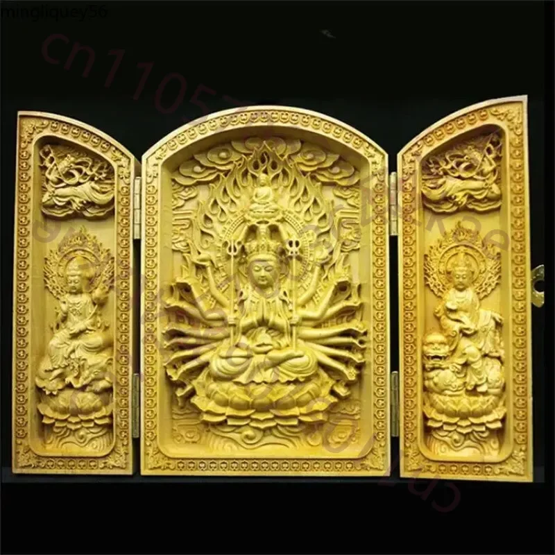 Wooden Carving Thousand-Hand Guanyin,three-open Box Feng Shui Statue