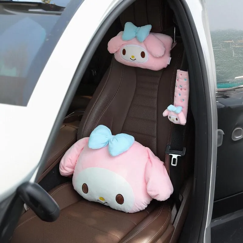 سانريو كورومي وسادة السيارة بلدي ميلودي وسادة الظهر مسند الرأس مقعد السيارة جميل حزام الأمان غطاء كرسي داعم للفقرات القطنية وسادة مقعد فتاة هدية