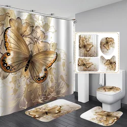 Golden Blue Butterfly Flower Polyester Waterproof Shower Curtain Bathroom Curtains Set Non-Slip Rug Toilet Lid Cover Floor Mats