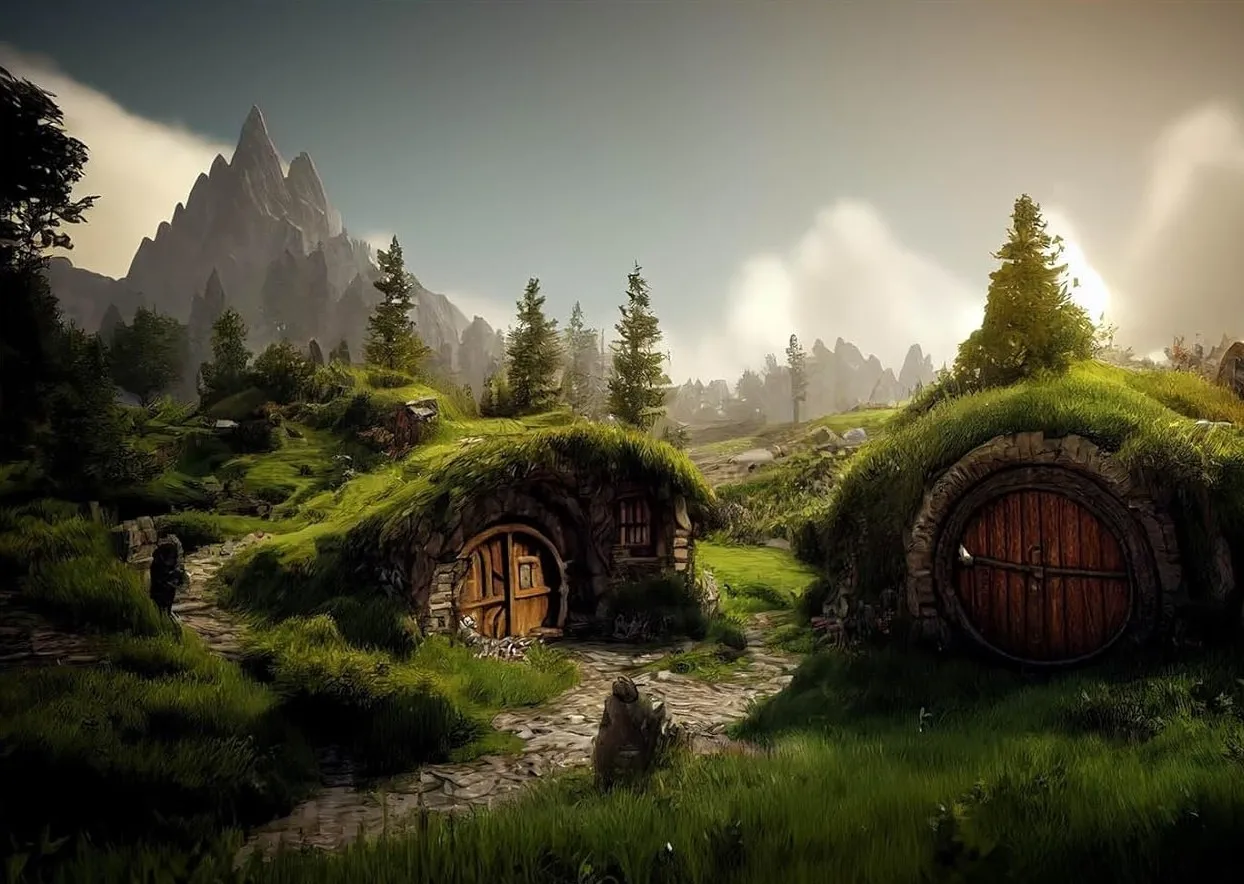 الهوبيت القرون الوسطى قرية الريفية الخضراء المراعي كهف البيت المقصورة الهوبيت الخلفيات الخلابة التصوير خلفيات الاستوديو