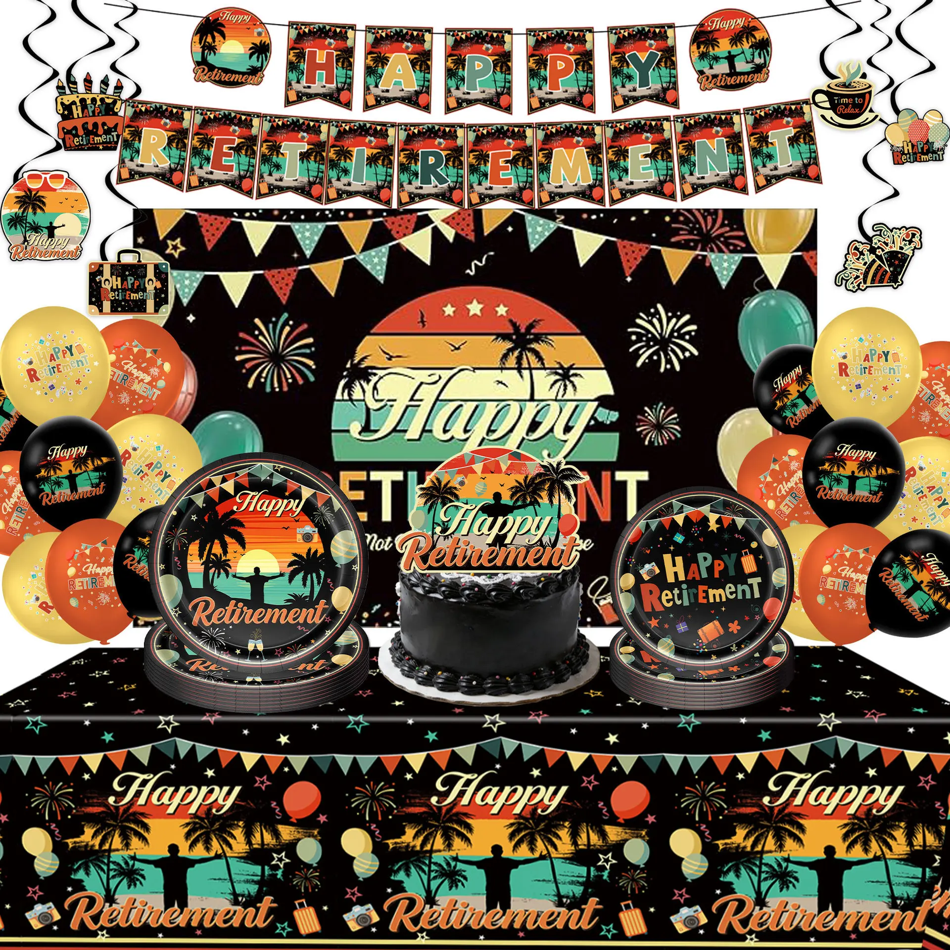 

Celebrate Happy Retirement Party Decoration Cup Plate Supplies Black Gold Glitter Balloon Banner Adult Photography Background