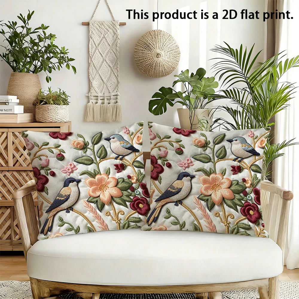 2pcs Vintage Botanical Bird Floral Throw Pillow Covers 2D Flat Print Decorative Cushion Cases for Sofa Bedroom Living Room