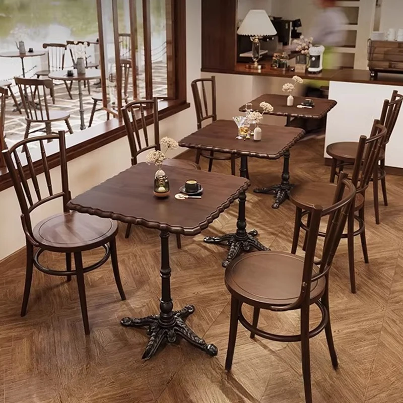 American Retro Café Table Chair Set Modern Solid Wood Rattan Dessert Shop Coffee Table Commercial Furniture Mesas De Centro FYCT