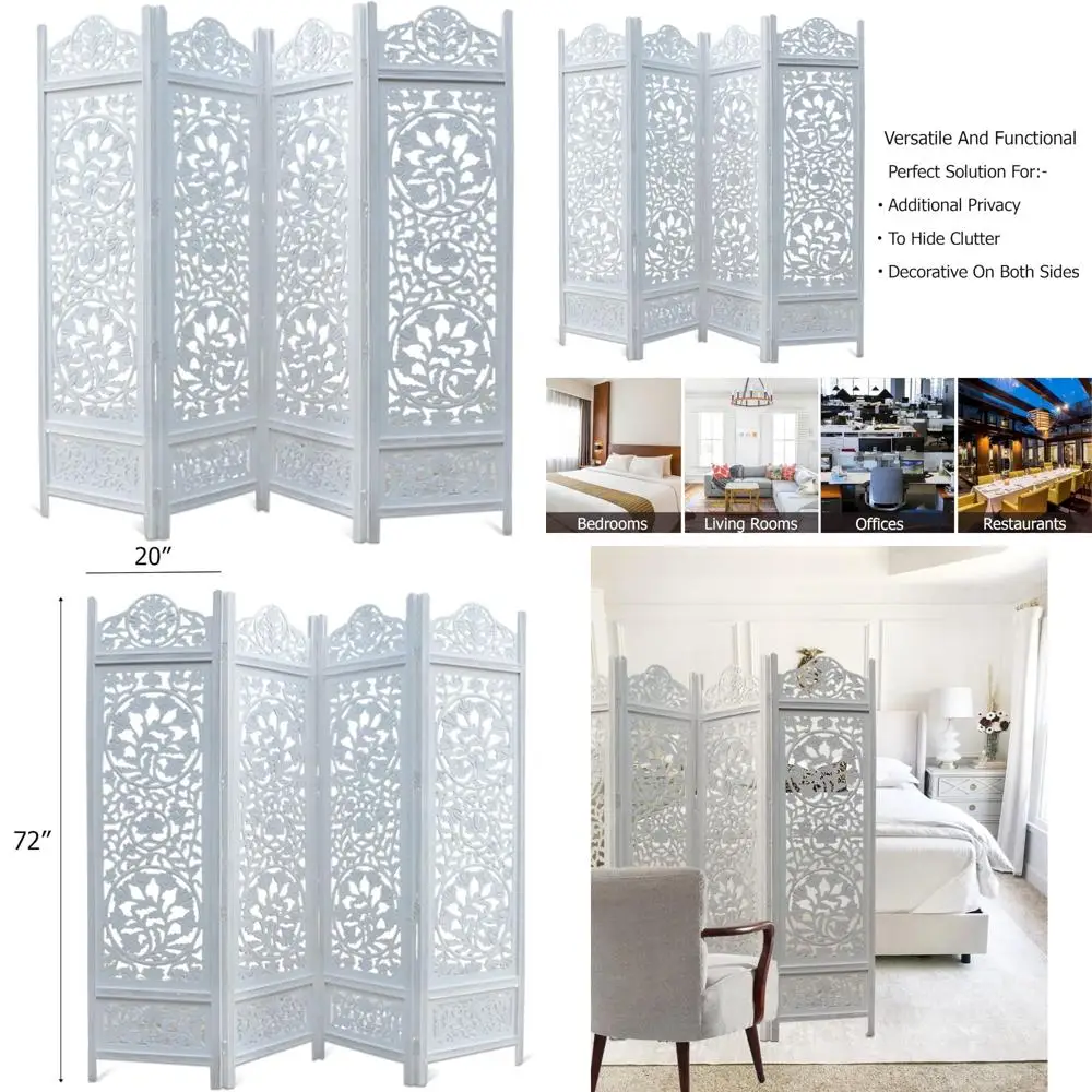 مقسم غرفة قابل للطي مكون من 4 ألواح من القطن مع لمسة نهائية بيضاء عتيقة من Kamal، 72 × 80 - شاشة أرضية خشبية محمولة وقابلة للعكس f #1