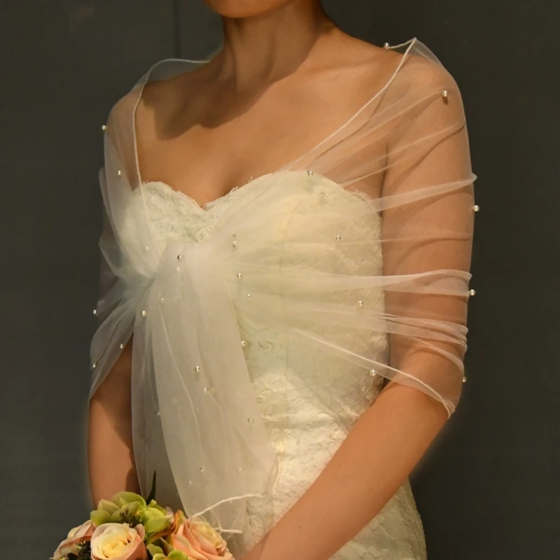 

Elegant Women Pleated Tulle Sheer Wrap Wedding Bridal Shining Shoulder Stole Elegant Formal Shawl with Pearl Beads