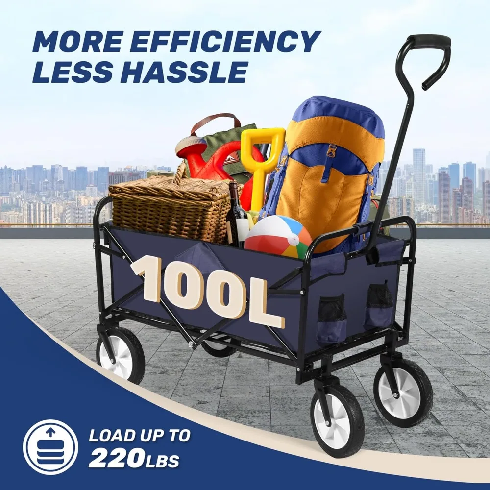 Collapsible Garden Cart with 360 Swivel Wheels, Adjustable Handle, 220lbs Capacity for Camping and Outdoor Use