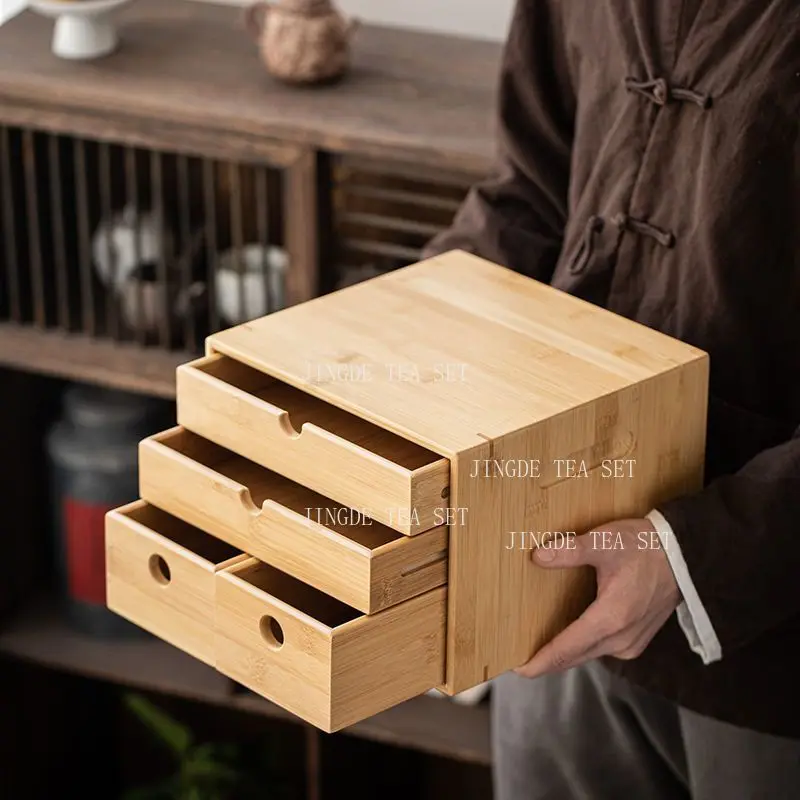 Eco Friendly Bamboo Tea Storage Cabinet Natural Wooden Tea Canister Organizer for Loose Leaf Tea Bags and Teaware Accessories