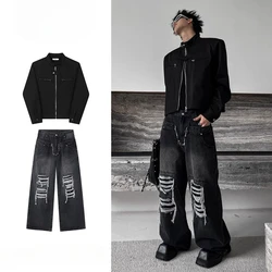 American niche trend high-end shoulder padded jacket men niche design double waist ripped high street Harajuku style jeans y2k