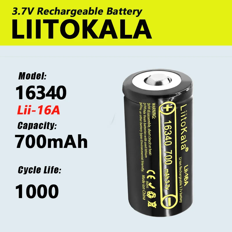 1-100pcs LiitoKala Lii-16A 16340 700mAh 3.7V Li-ion Rechargeable Battery CR123A Battery For LED Flashlight 16350 CR123A Battery