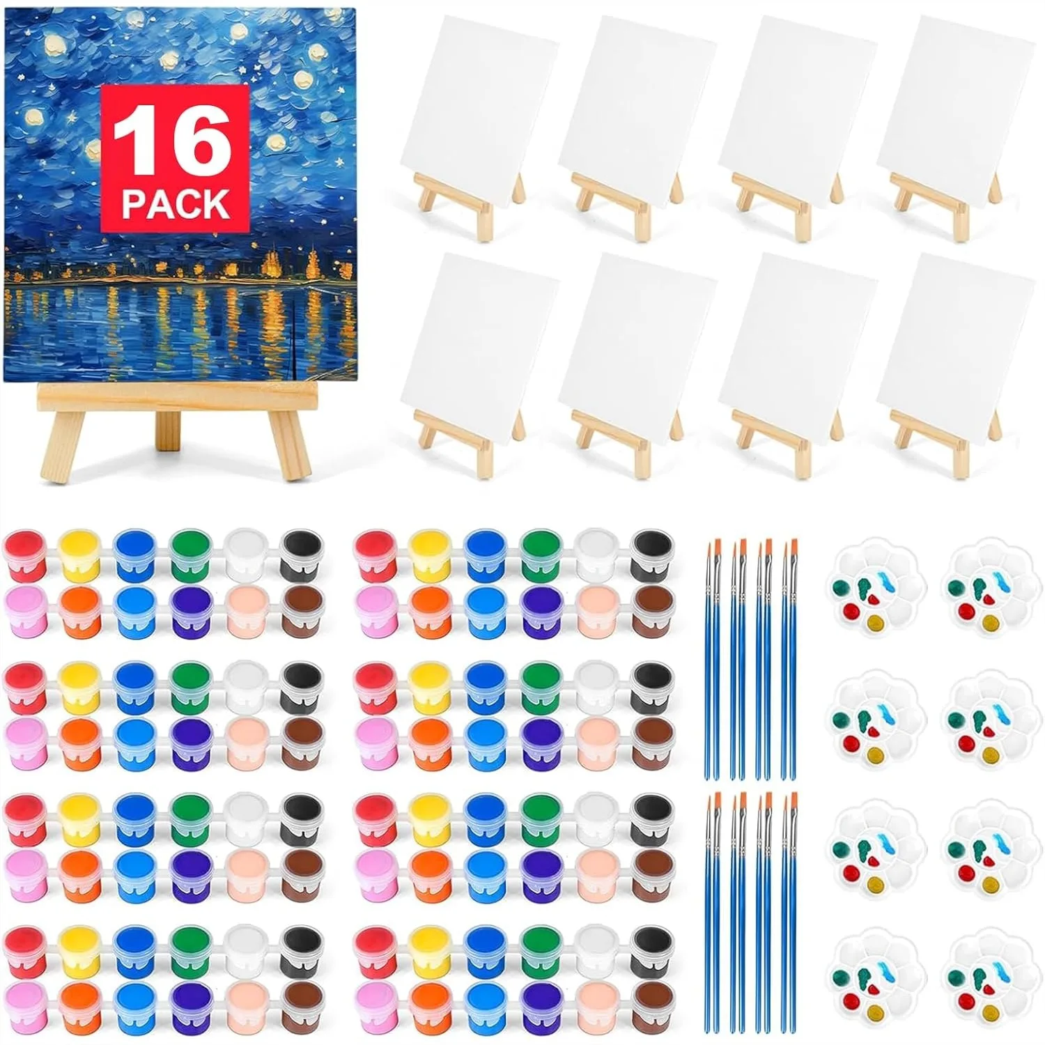 

16 Pack 8x10 Canvas Boards for Painting, Art Canvas with 32 Brushes, 16 Paint Trays, 32 Acrylic Paint & Easel Set, Painting Kits