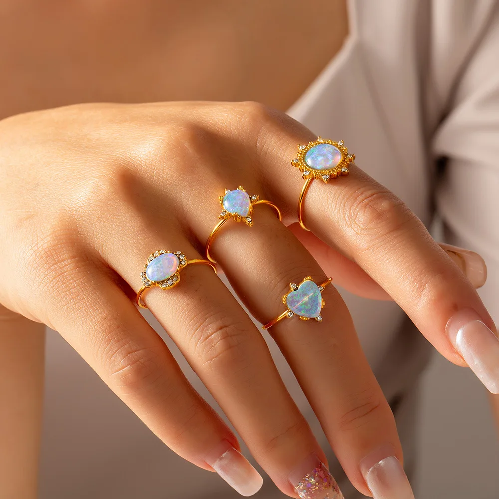 Fantasy Free Size Heart Sun Waterdrop Natural Opal Stone Rings For Woman Stainless Steel Gold Plated Waterproof Jewelry