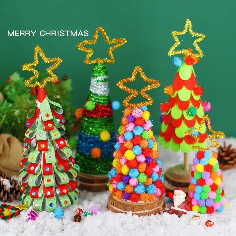 Árvore de Natal artesanal para crianças, artes dos desenhos animados, não tecidos, pompom, kit de artesanato, brinquedos educativos criativos, bricolage, zk30