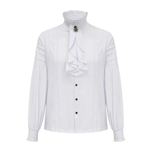 Camisa de algodón blanco con volantes y cuello levantado, mangas largas acampanadas, Cosplay de pirata, camisa victoriana para hombre, ropa Medieval, Top gótico Vintage