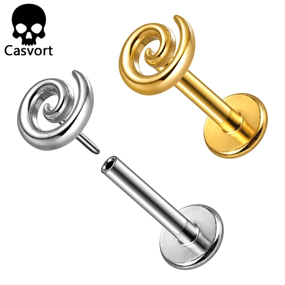 Casvort 1PC ASTM F136 Titanium Spiral Labret Stud Push-in Internal Thread Lip Ring Swirl Earring Cartilage Piercing Jewelry