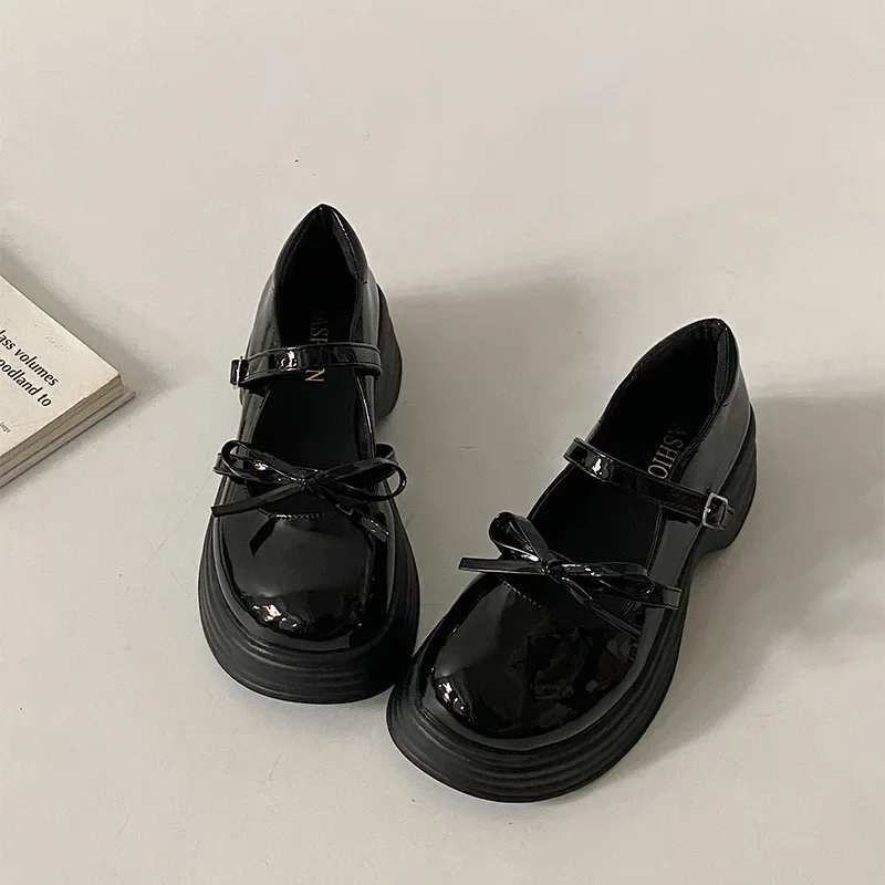 2024 New Black Chunky Platform Mary Jane Shoes for Women Autumn Patent Leather Pumps Woman Thick Bottom Bowknot Lolita Shoes