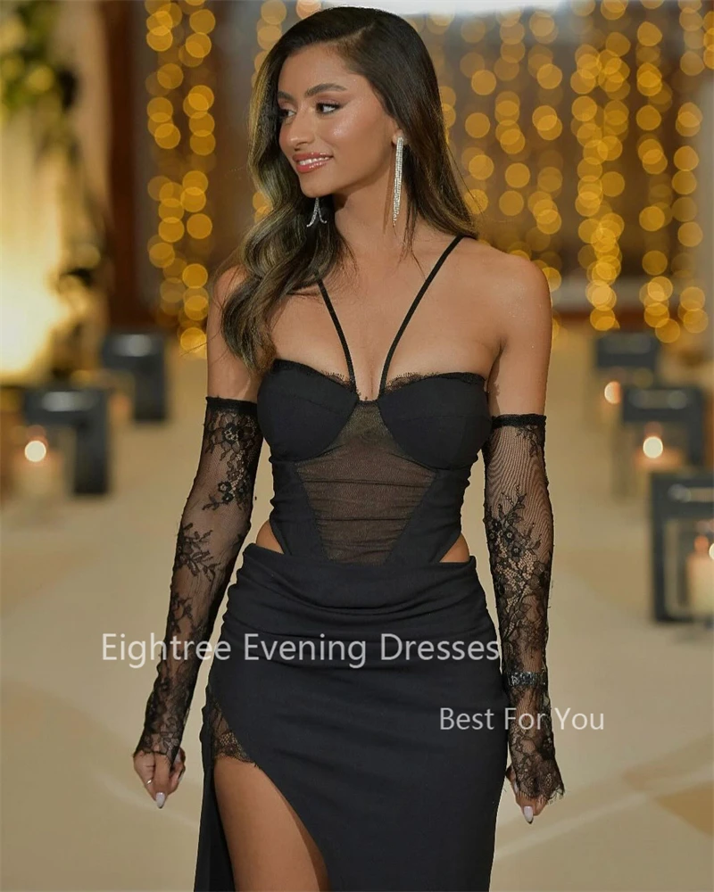 Eightree Modern Split Prom Dress Women Black Long Lace Sleeves Dress Party Evening Elegant Celebrity Gowns Halter Party Night