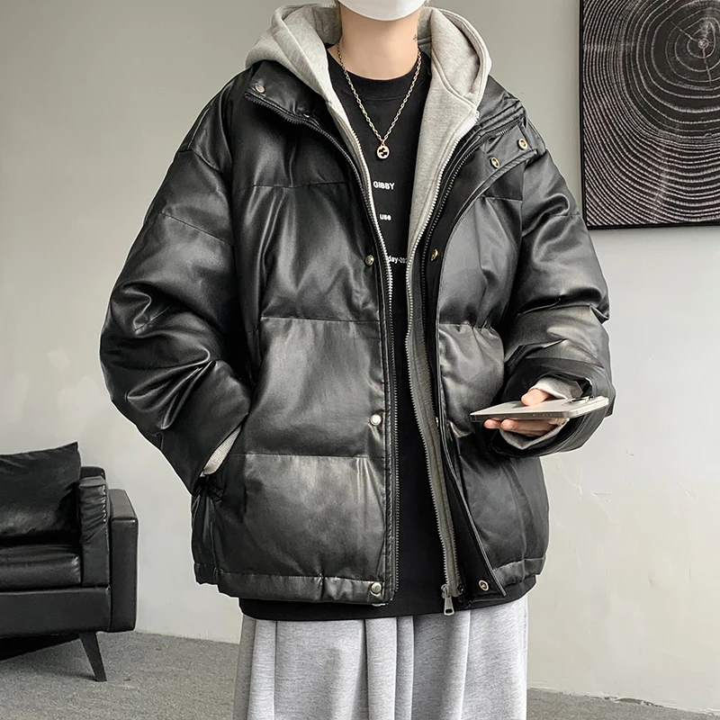 

Men's PU Leather down Jaet Thiened Outdoor Winter Coat Loose Fit Bread Sle Youthful Trendy Brand Cold Resistance Outerwear