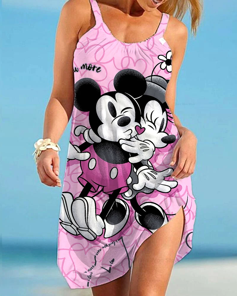 

Women's Clothing Summer Sling Dress Print Disney Series Mickey and Minnie Cartoon Pattern Ladies Dress Casual Beach Style