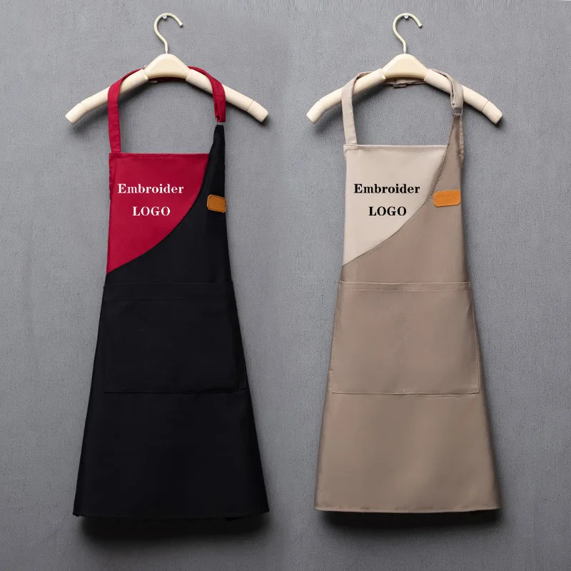

Customized Embroidery Print Logo Signature Waterproof Kitchen Home Chef Baking Clothes With Pockets Adult Bib Waist Bag Aprons