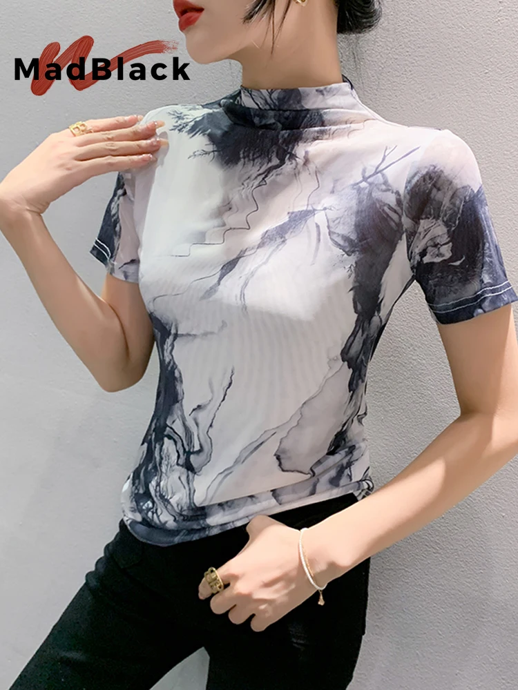 MadBlack-Women European T-Shirt, Sexy Mock Neck Printed, Vintage Short Sleeve Slim M-3XL Thin Knit Tee, 2026 Summer New T68336CC