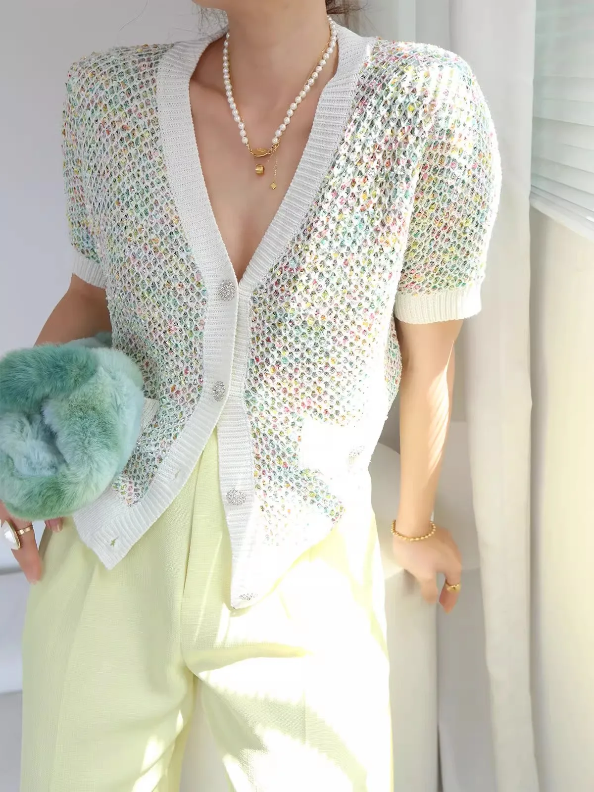 Designers Tops For Women 2024 Summer Rhinestone Button Short Sleeve Cardigan Femme Green Knitted Sweaters C-138