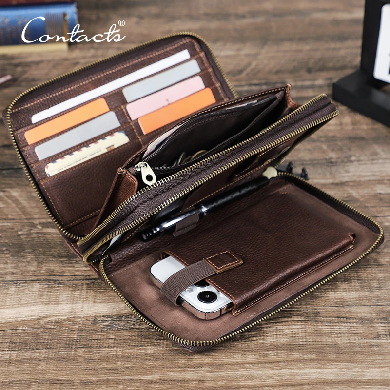 CONTACT'S Genuine Leather Men Clutch Bags Password Lock Design Passport Cover Large Clutch Wallets AirTag Slot Men's Bag Handbag