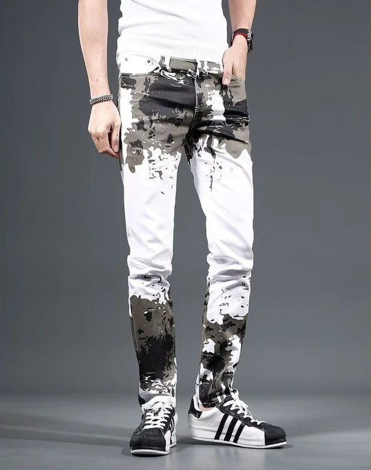 Pantalones vaqueros para hombre, pantalones blancos ajustados, pantalones vaqueros ajustados para hombre, pantalones ajustados de diseñador apilados, estilo callejero japonés, gótico estético