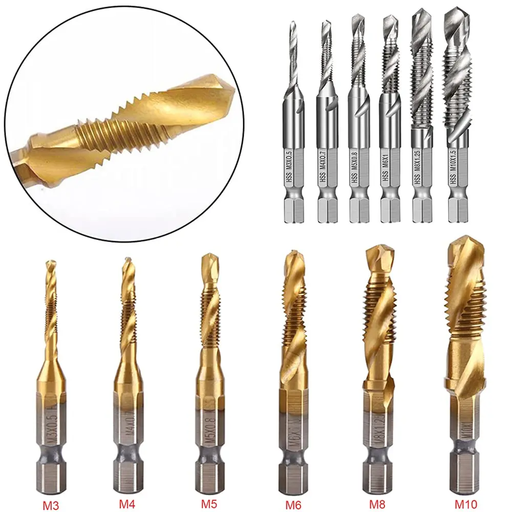 6 szt. Wiertła gwintownik M3-M10 Hss krany do zadziorów zestaw metrycznych bitów stal szybkotnąca 1/4 w szybkiej zmianie sześciokątnej