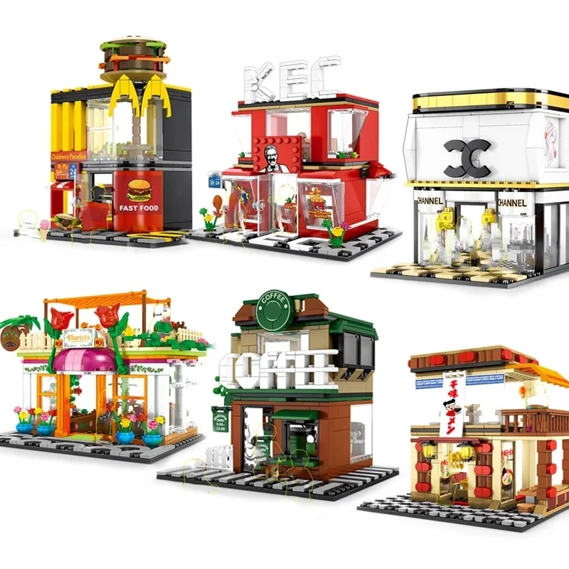 

MOC City Series Bricks 3D Model street Building Blocks Retail Store Fast Food Shop Streetscape Set Street View Toys