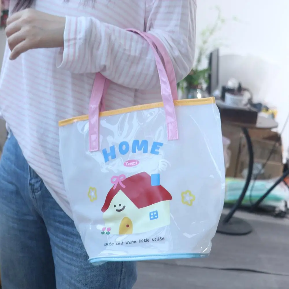 

Portable Waterproof Jelly Beach Bag Kawaii Large Capacity PVC Beach Bag Cartoon Print Casual Transparent Shoulder Bag Sports