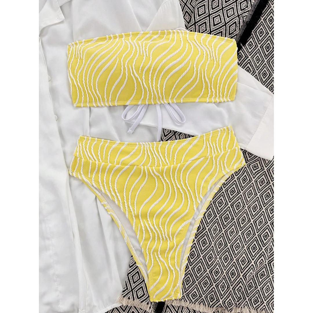 Sexy Bikini mit Wellenmuster, Bandeau-Oberteil und hoher Taille, Damen-Badeanzug, zweiteiliges Bikini-Set, Badebekleidung, Badeanzug, Modell V5445. – Detail 38
