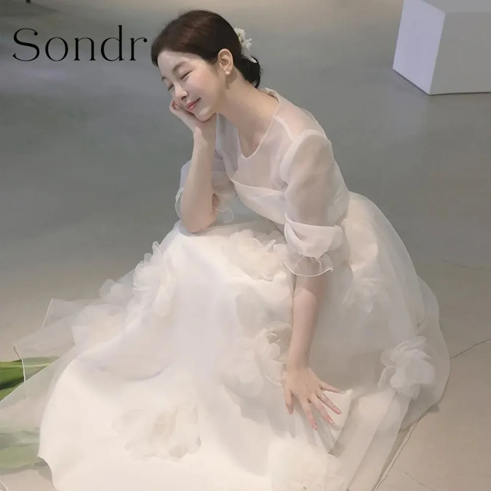 

Sondr Customized O-Neck Short Sleeves Korean Wedding Dresses Handmade Flowers A Line Silk Organza Bridal Party Dresses 2026