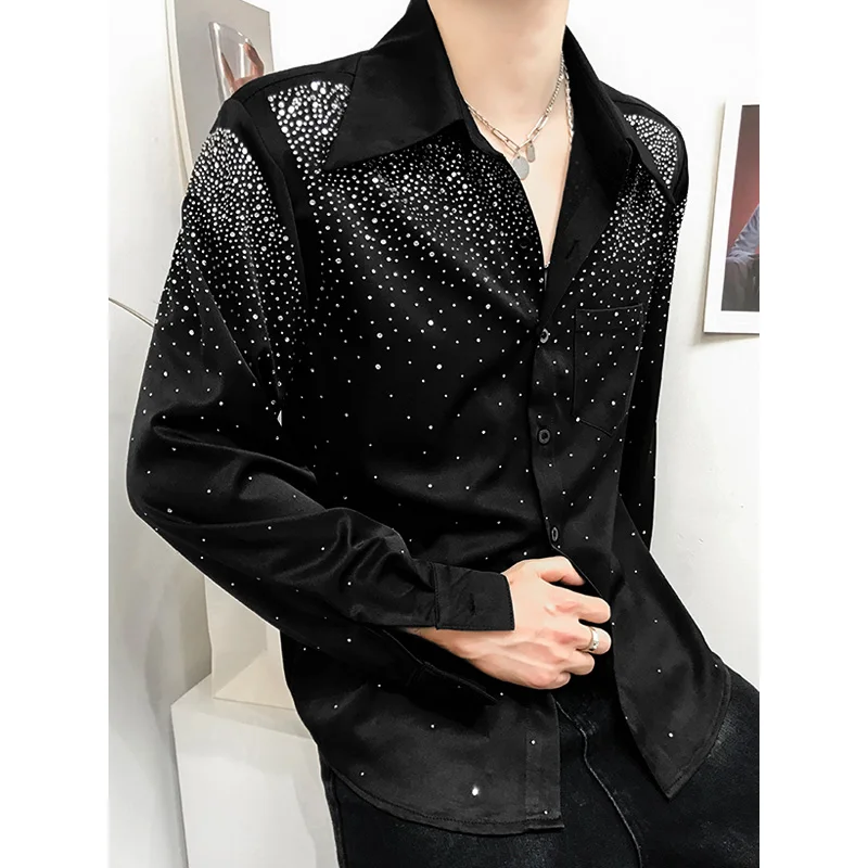 Men\'s Padded Shoulder Shirts Men\'s Handsome 2024 Spring Summer New Design Fashion Tops Loose High-End Starry Rhinestone Shirt