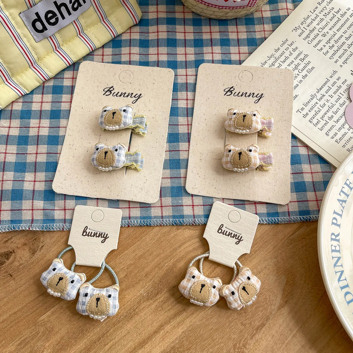 

2pcs Cotton-filled Plaid Bear Hairpin Children's Elastic Hair Band Cute Baby Hair Rope Tie Rubber Band Hairclip Hair Accessories