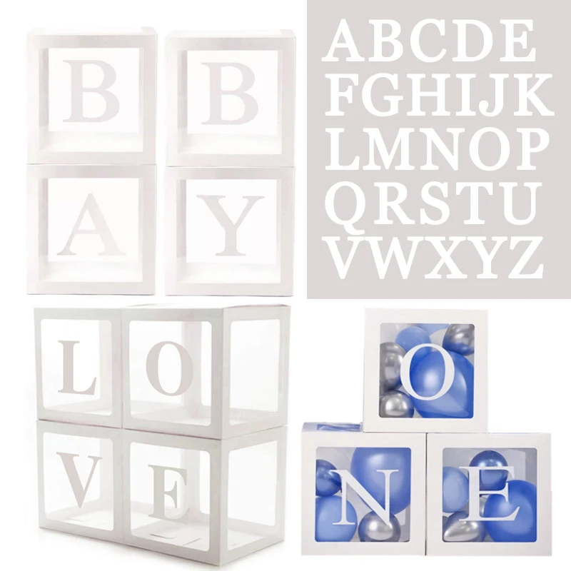 Large Cube Letter Transparent Balloon Boxes Baby Shower Gift Mystery Box Happy Birthday Party Event Wedding Decorations Supplies