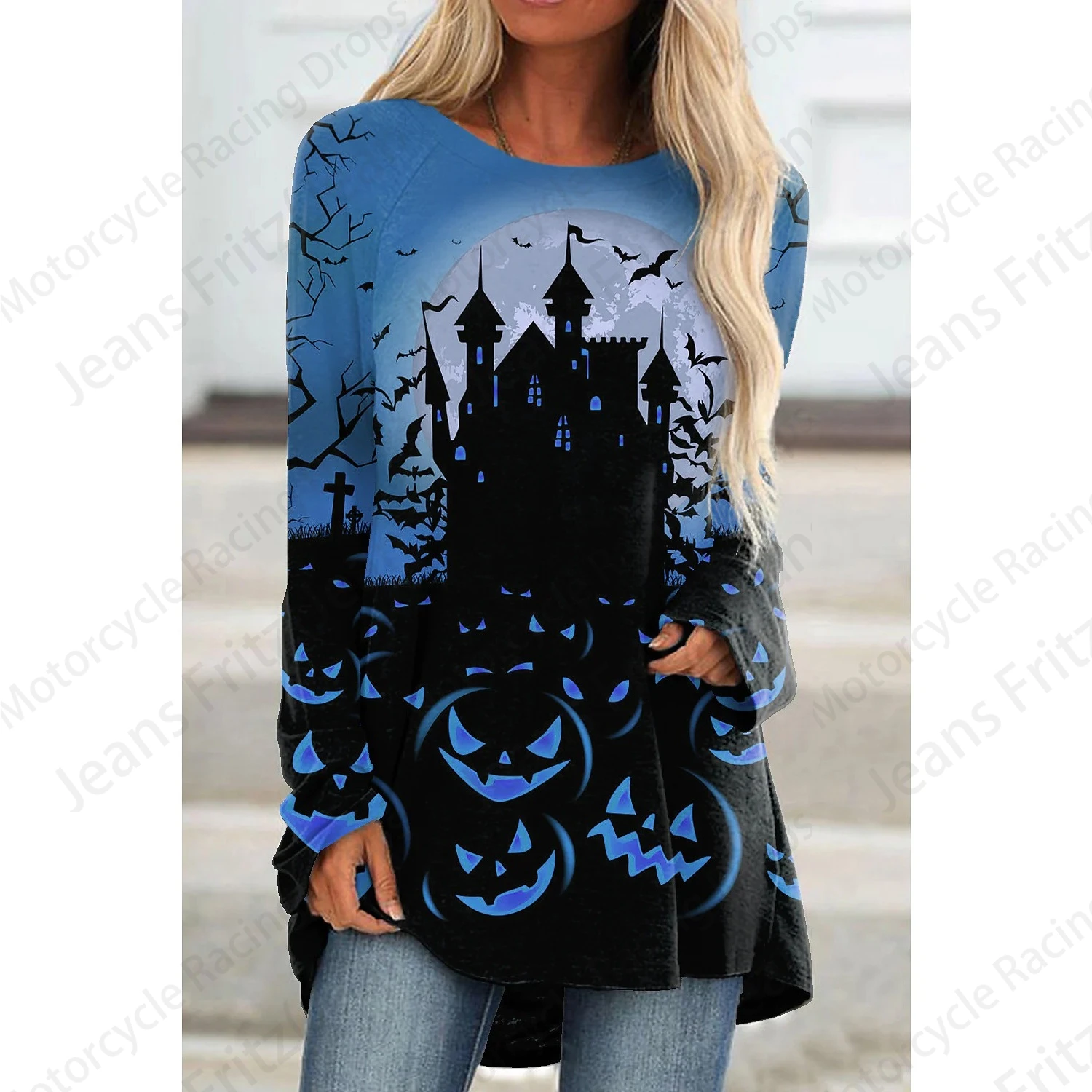 Halloween Cat 3d Print Long Sleeve T-shirt Women Fashion Crewneck Long Tunic Tops Women Fall Ghost Clothing Femme Tops Y2k Style