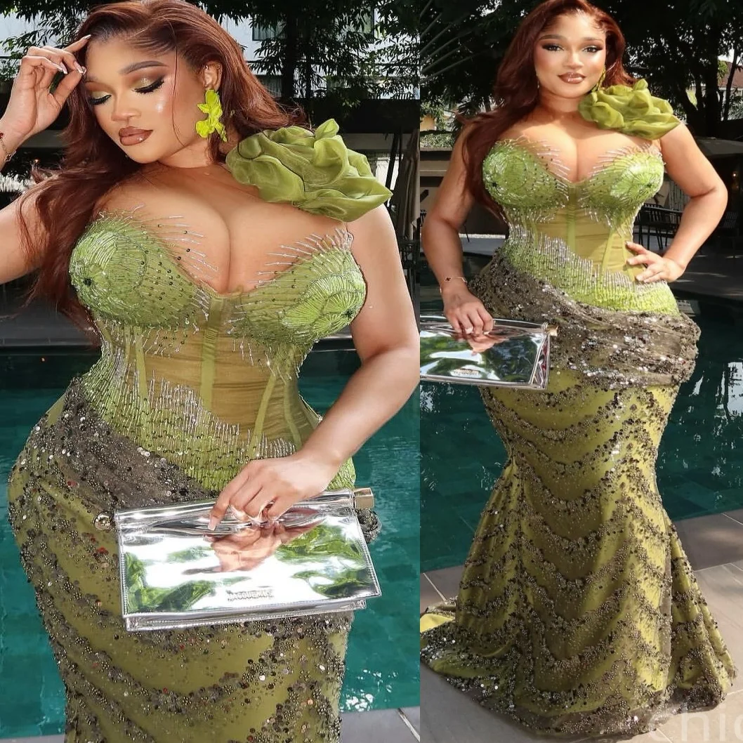 

2025 Olive Green Mermaid Prom Dresses Flower Beaded Crystals Lace Evening Formal Party Birthday Gowns Dresses ZJ344