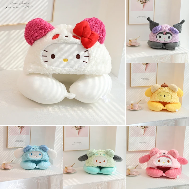 سانريو مرحبا كيتي أفخم مقنعين وسادة الرقبة على شكل حرف U المحمولة السفر الرقبة وسادة الرقبة دعم لينة عشاء كسر النوم وسادة الهدايا