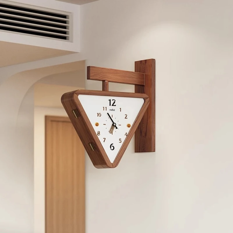 

New Arrival Solid Wood Triangle Wall Clock Dual-Faced Corner Hanging Timepiece Non-Ticking Silent Clock Modern Living Room Decor