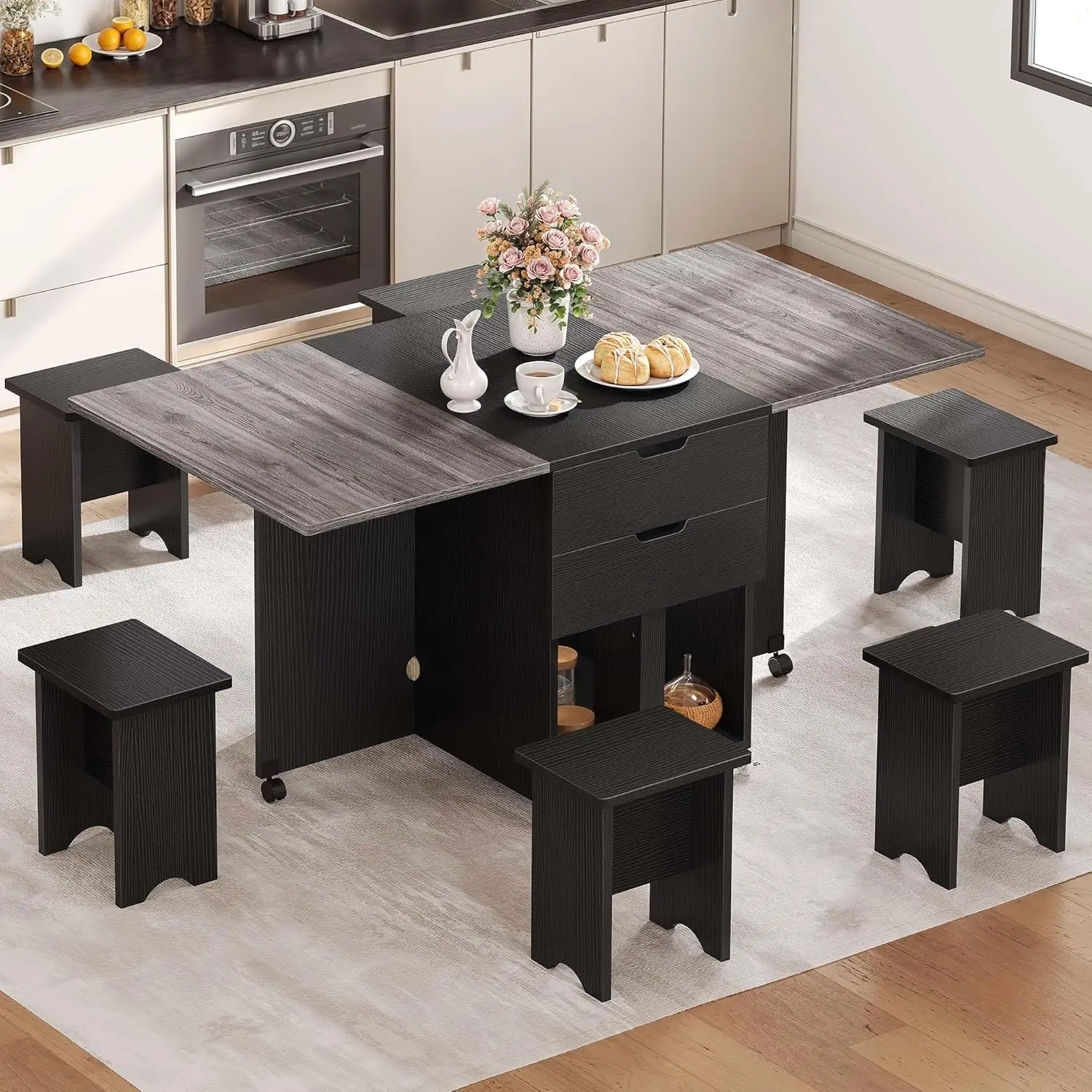 Dwvo 7 Pieces Folding Extendable Dining Table Set With 6 Chairs For 6 Peoples 66.9 Inch Drop Leaf Wood Kitchen Dining Room