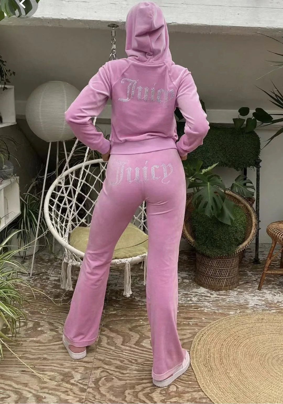 Damen Y2K Weicher Velours-Trainingsanzug 2-teiliges Set Kapuzenjacke mit Reißverschluss Bootcut-Schlaghose Strass-Kristall Loungewear Slim Fit Outfit – Detail 3