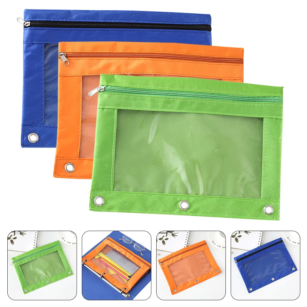 Trousse à crayons détachable à trois trous, 3 pièces, pochette pour porte-classeur à anneaux, pochettes pour billets Blinder, sacs à fermeture éclair