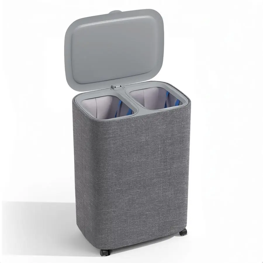 

Двухсекционная корзина для белья на 90 л с колесами и крышкой, высокая, разделенная на две части, с 2 съемными моющимися мешками, большая.