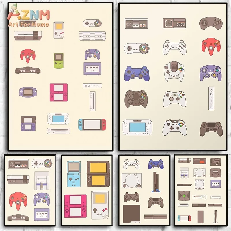 AZNM Retro Game Controller Canvas Print Vintage Video Game Console Wall Art Decor