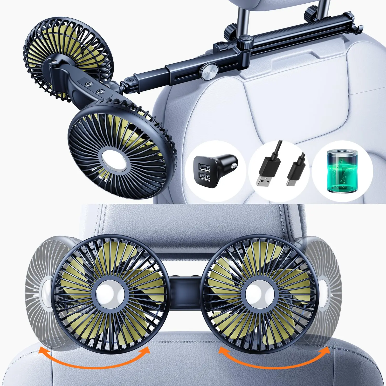 Hipacool Battery Dual Head Fan for Car Backseat with Retractable Long Arm USB Rechargeable Car Seat Headrest Cooling Fan