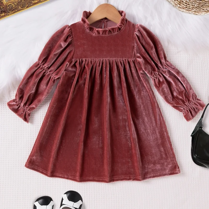 New Baby Girls Velvet Dress Long Sleeve Autumn Ruffled Round Neck Solid Color Pleated Casual Party Dresses Baby Girls